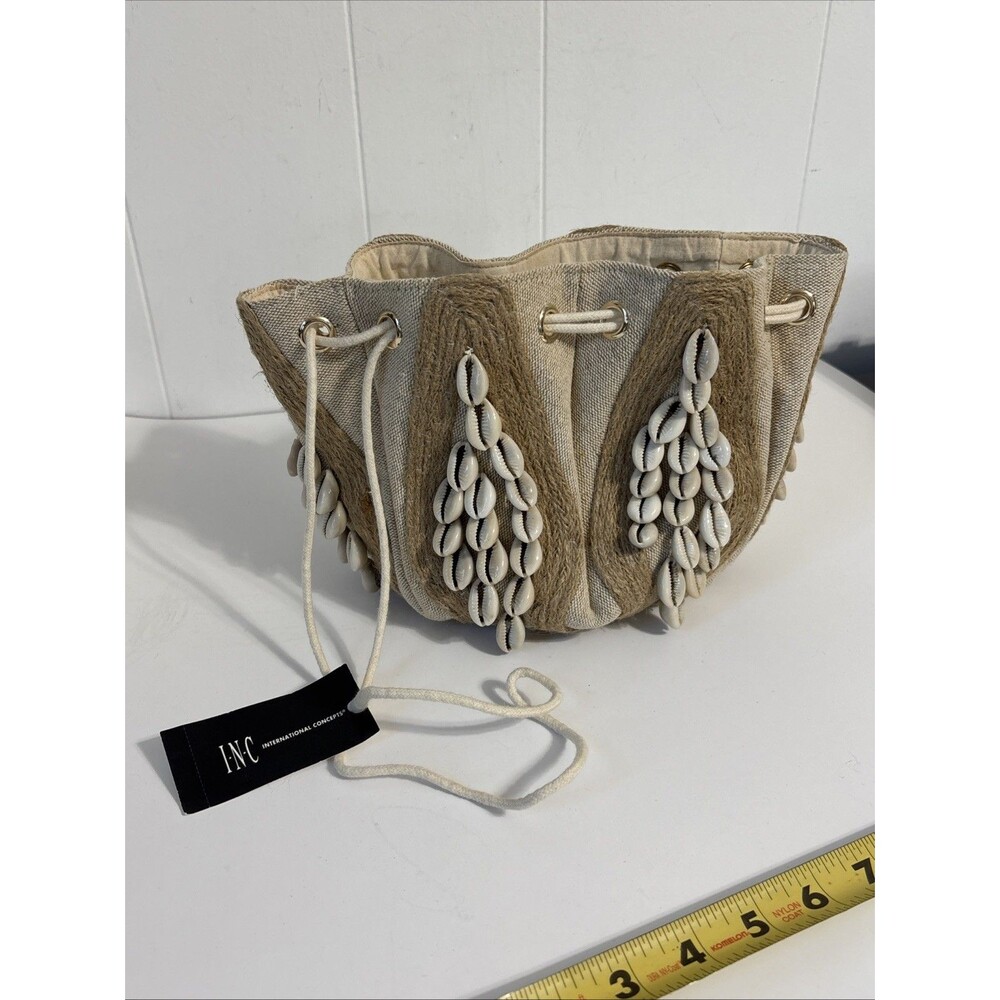 NEW Karlii Cowrie Sea Shells Beach Drawstring Bucket Bag Seasonal Clutch Natural